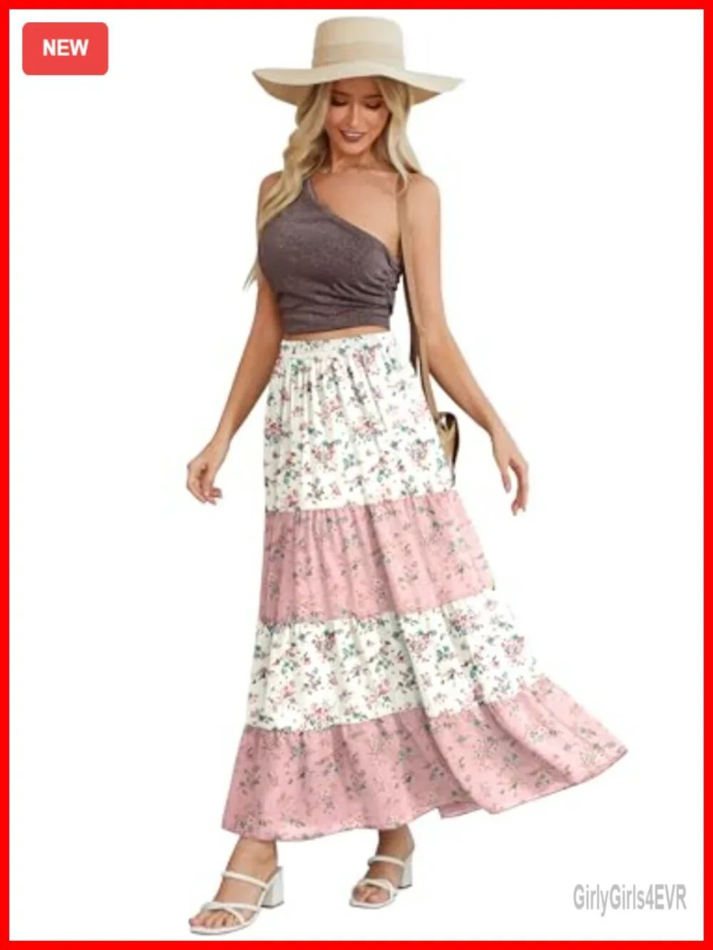 Women's Floral Chiffon Patchwork Boho Maxi Skirt High Waist Double Layer